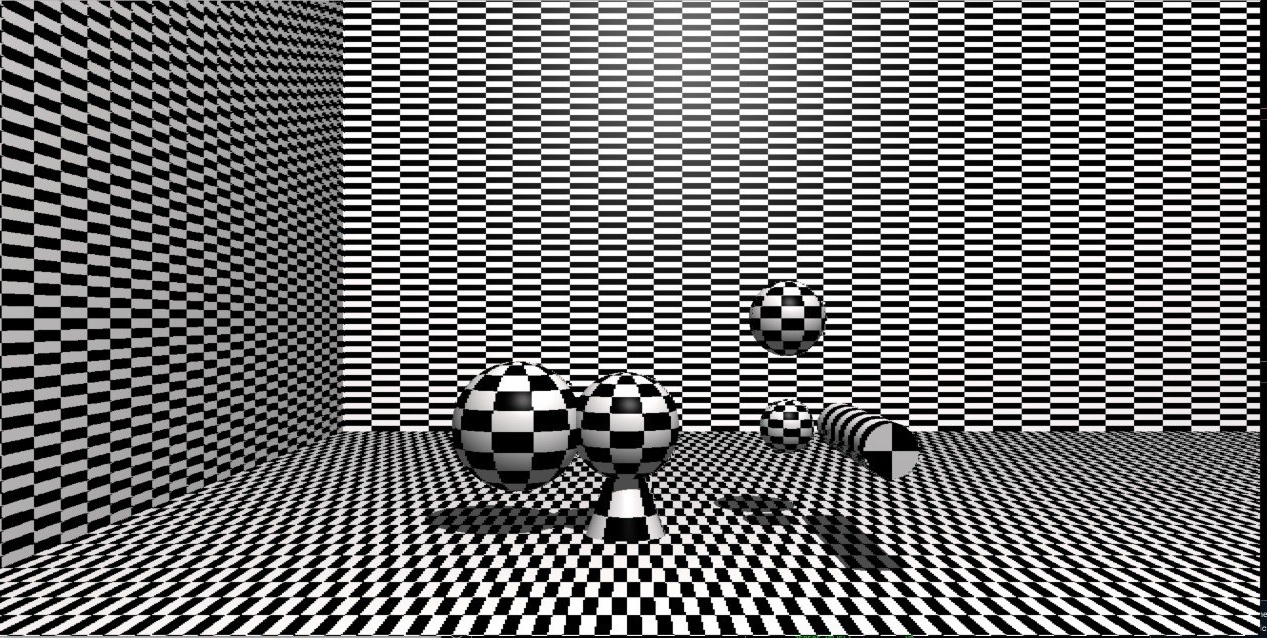 Scene demonstrating checkerboard texturing across spheres, planes, cylinders and cones