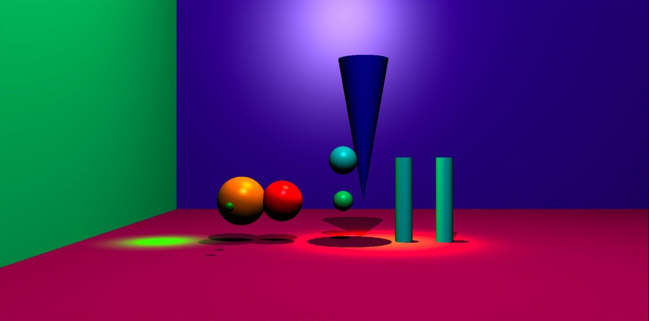 Scene demonstrating primitive geometry, ambient lighting,
diffuse shading, and shadow casting